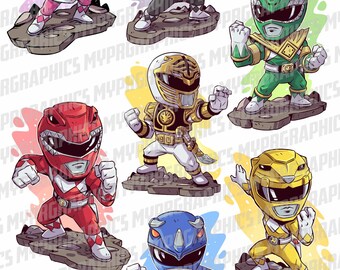 Power Ranger-paket Clipart, Fanart, Power Ranger, Chibi-karaktär, Digital nedladdning, PNG, Line Clip Art, Utskrivbar klistermärke, MMPR