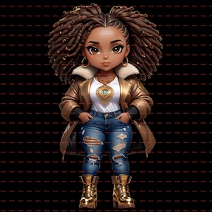 Può includere: Un'illustrazione digitale di una donna di colore con dreadlocks marroni, che indossa una giacca di pelle marrone con colletto di pelliccia, jeans blu strappati, stivali dorati e gioielli dorati.
