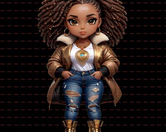 Chibi Black Woman curly hair and boots, Chibi-Style  African American Woman PNG,  transparent background Unique Stylish