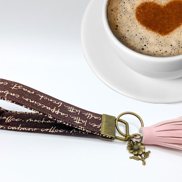 Coffee Lovers Brown and Cream Key Fob Wrist Strap Lanyard with optional Tassel and Personalized Charm; Antique Brass Metal Key chain