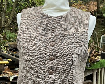 XS, 34"chest, Herringbone waistcoat made from vintage Harris tweed jacket, brown