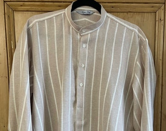 Collarless shirt in putty linen stripe - all sizes