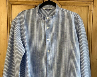 Collarless shirt in blue linen stripe - medium or XL only