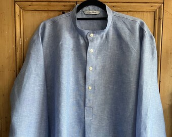 Collarless shirt in blue linen - size large only