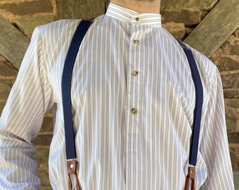 Gold stripe collarless shirt in 2 fold cotton