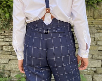 High waist windowpane check trousers in dark blue wool, button fly and brace buttons