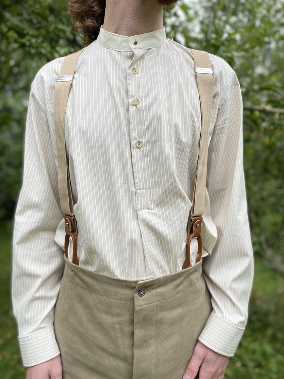 Collarless Shirt in Khaki and Cream 