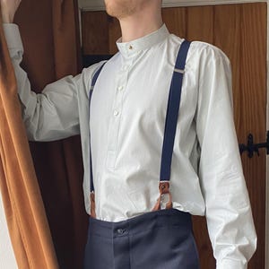 Fine green striped cotton shirt, collarless, in vintage style