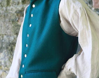 Chaleco estilo Regencia en lana verde esmeralda, cuello alto y 2 bolsillos con solapa - solo talla XS o M