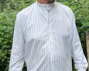 Collarless shirt in cream with blue stripe, in 2 fold cotton