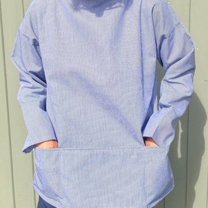 Artist's smock in navy & white cotton ticking, unisex and reversible, based on traditional style, artisan working garment