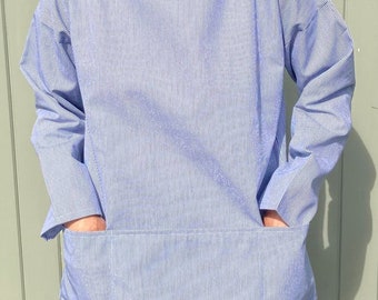Artist's smock in navy & white cotton ticking, unisex and reversible, based on traditional style, artisan working garment