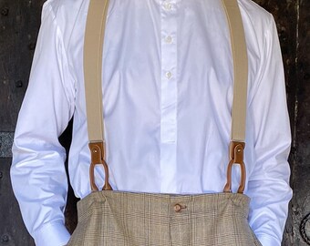 Collarless shirt in white cotton poplin, neckband fastened with vintage collar stud, all sizes