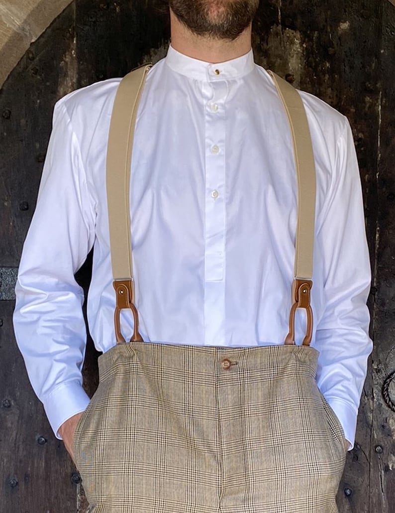 Men’s Steampunk Clothing, Costumes, Fashion     Collarless shirt in white cotton poplin neckband fastened with vintage collar stud all sizes  AT vintagedancer.com