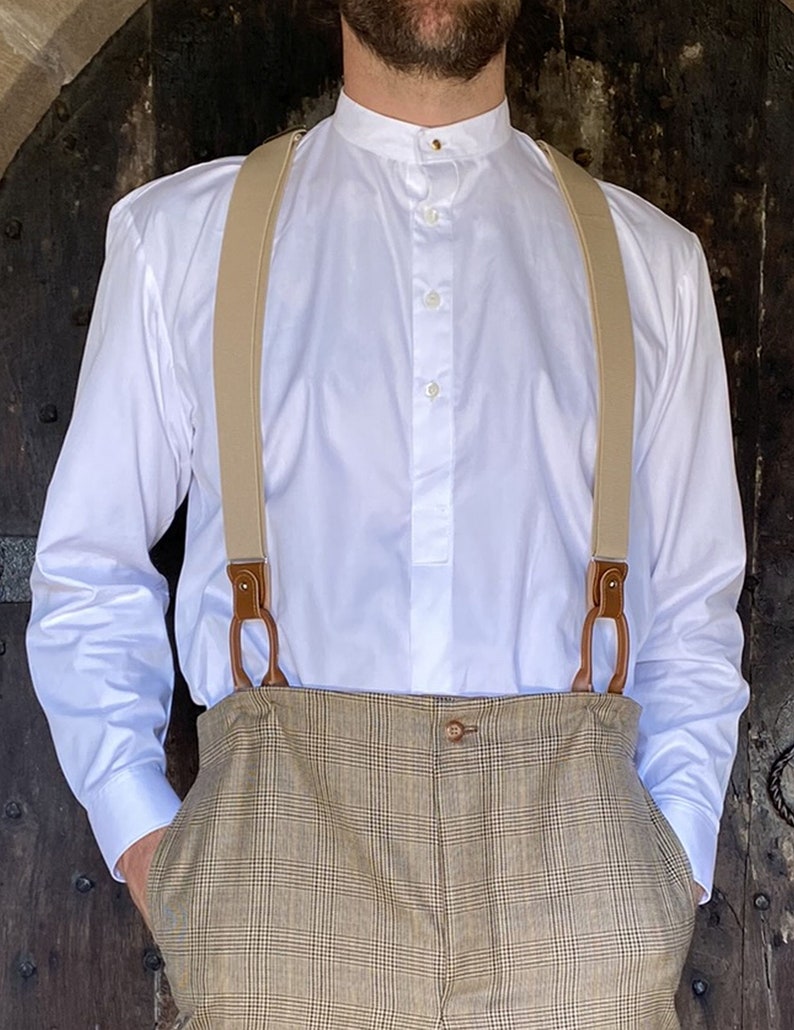 Victorian Men’s Shirts- Wingtip, Gambler, Bib, Collarless     Collarless shirt in white cotton poplin neckband fastened with vintage collar stud all sizes  AT vintagedancer.com