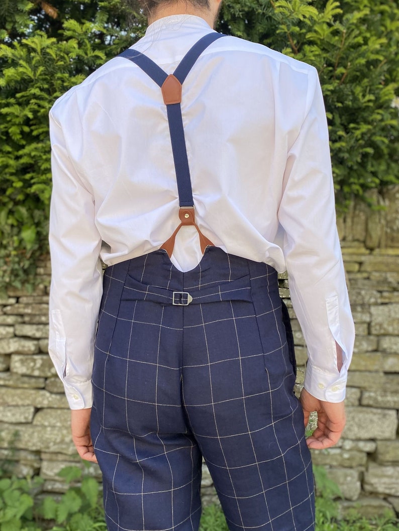 1930s Men’s Summer Clothing Guide     High waist windowpane check trousers in dark blue wool button fly and brace buttons  AT vintagedancer.com