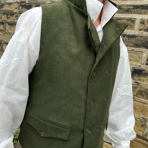 Olive green moleskin waistcoat, double breasted in Regency style, 2 flap pockets, all sizes image 4