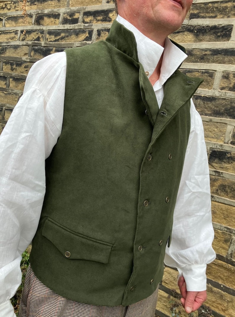 Olive green moleskin waistcoat, double breasted in Regency style, 2 flap pockets, all sizes image 4