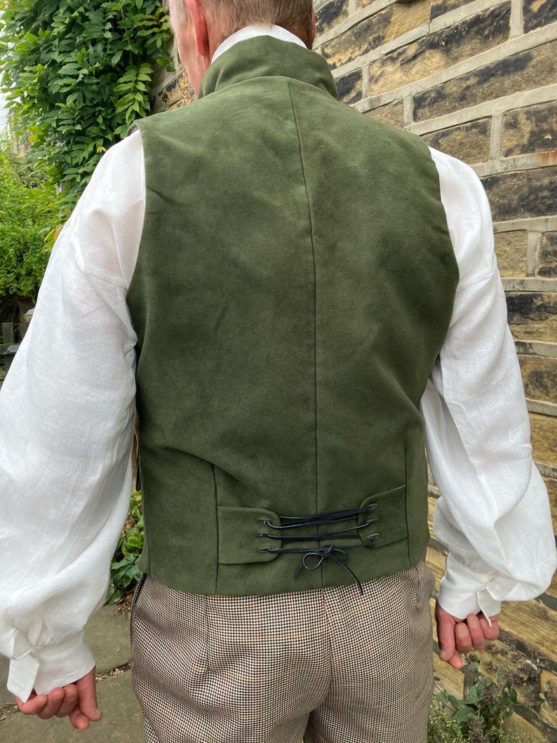 Olive green moleskin waistcoat, double breasted in Regency style, 2 flap pockets, all sizes image 2