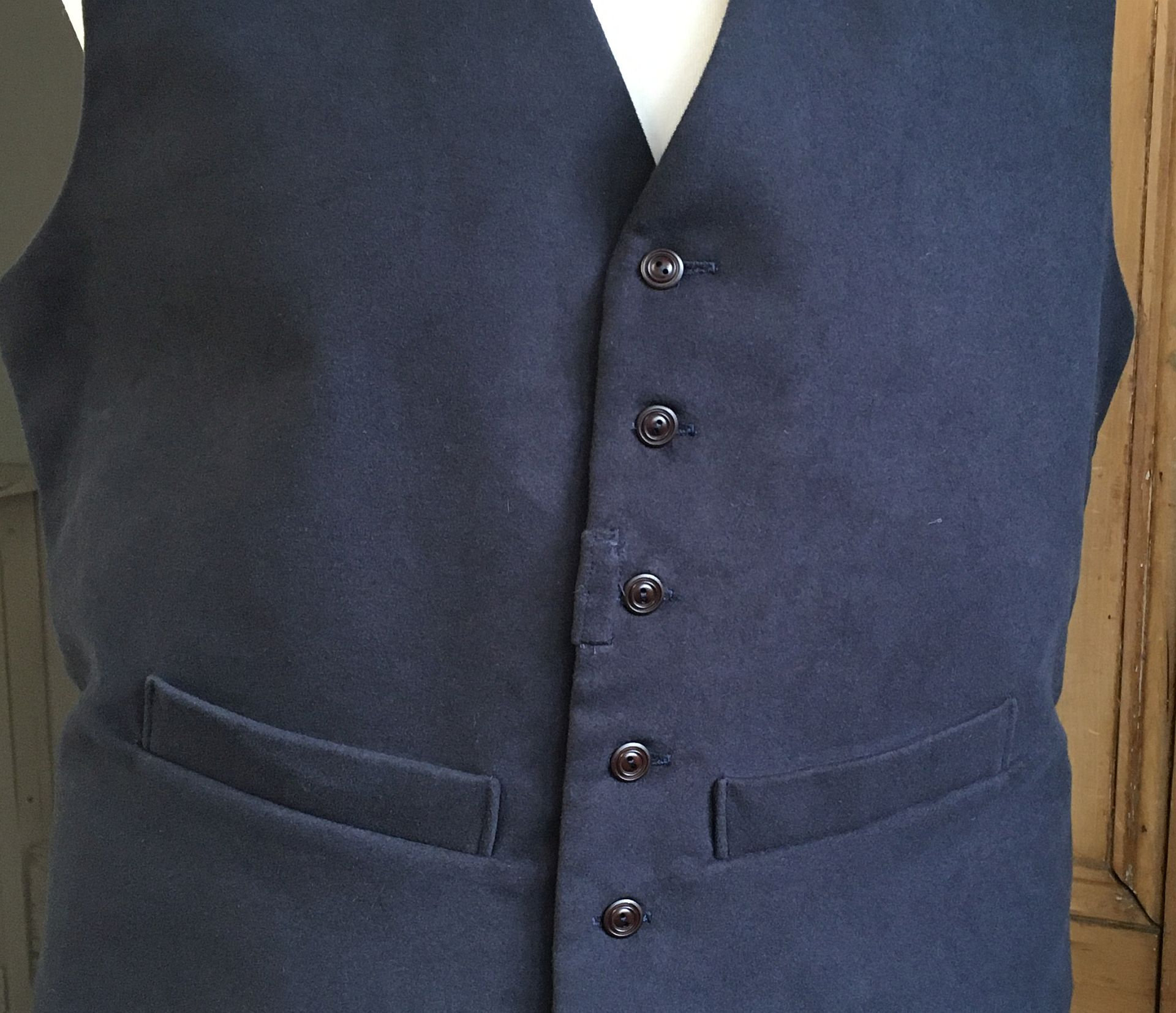 Image of Navy Moleskin Waistcoat, Lined & Backed in Striped Cotton, 2 Front Pockets, Size Large - Seconds Quality