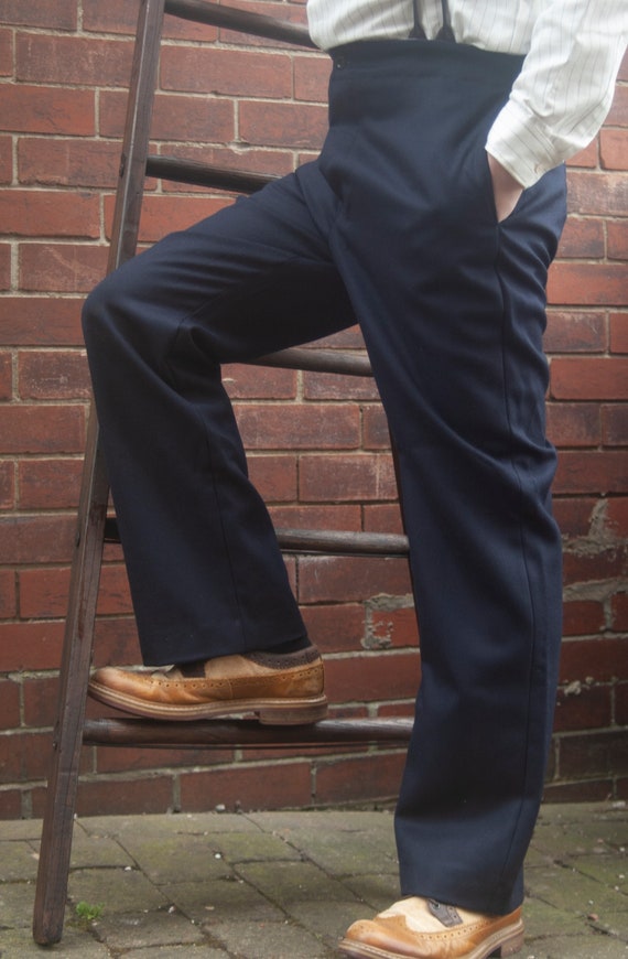 Men's High Waist Trousers in Navy Blue Wool Serge With - Etsy 大注目 Wool Serge Slacks Narrow & Jacket Check テーラードジャケット