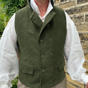 Olive green moleskin waistcoat, double breasted in Regency style, 2 flap pockets, all sizes image 3