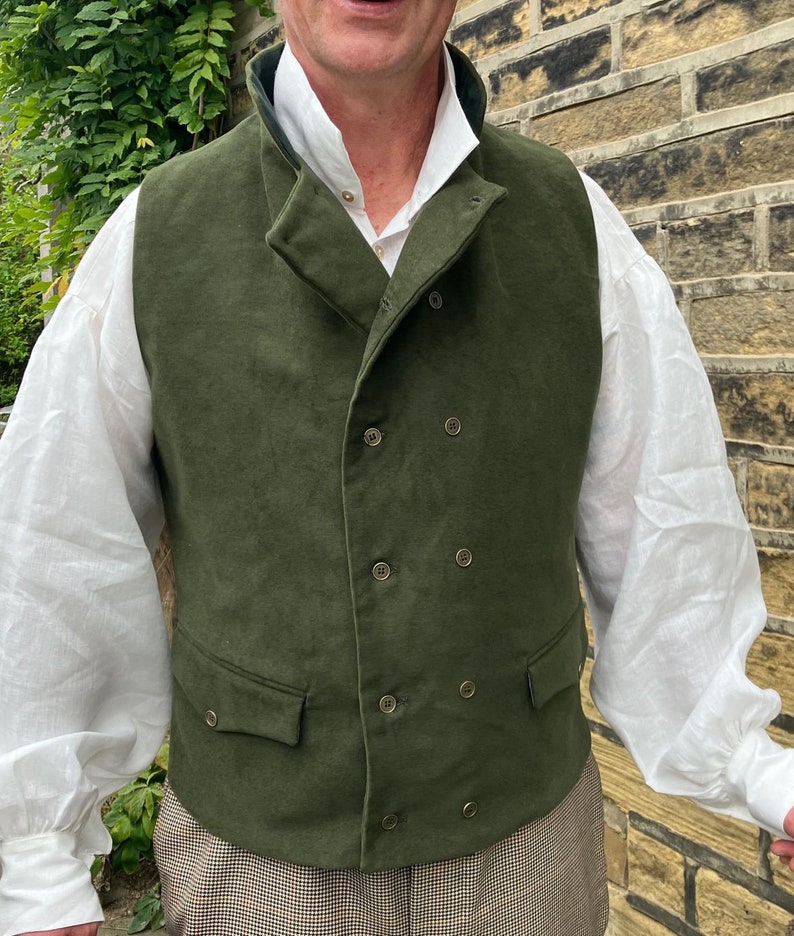 Olive green moleskin waistcoat, double breasted in Regency style, 2 flap pockets, all sizes image 3