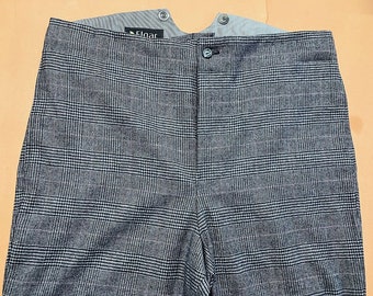 High waist trouser in black and grey Prince of Wales wool check cloth, button fly and brace buttons - medium and large only