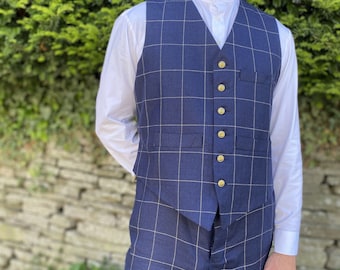 Windowpane check waistcoat in dark blue wool