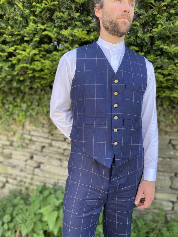 Windowpane Check Waistcoat in Dark Blue Wool Etsy