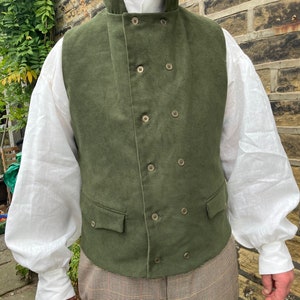 Olive green moleskin waistcoat, double breasted in Regency style, 2 flap pockets, all sizes image 8