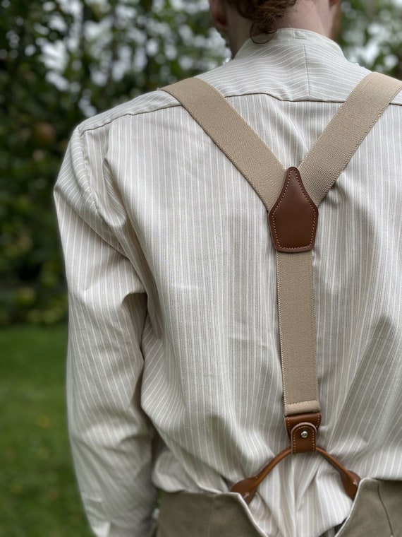 Collarless Shirt in Khaki and Cream 