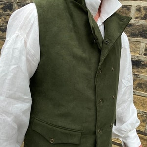 Olive green moleskin waistcoat, double breasted in Regency style, 2 flap pockets, all sizes image 5
