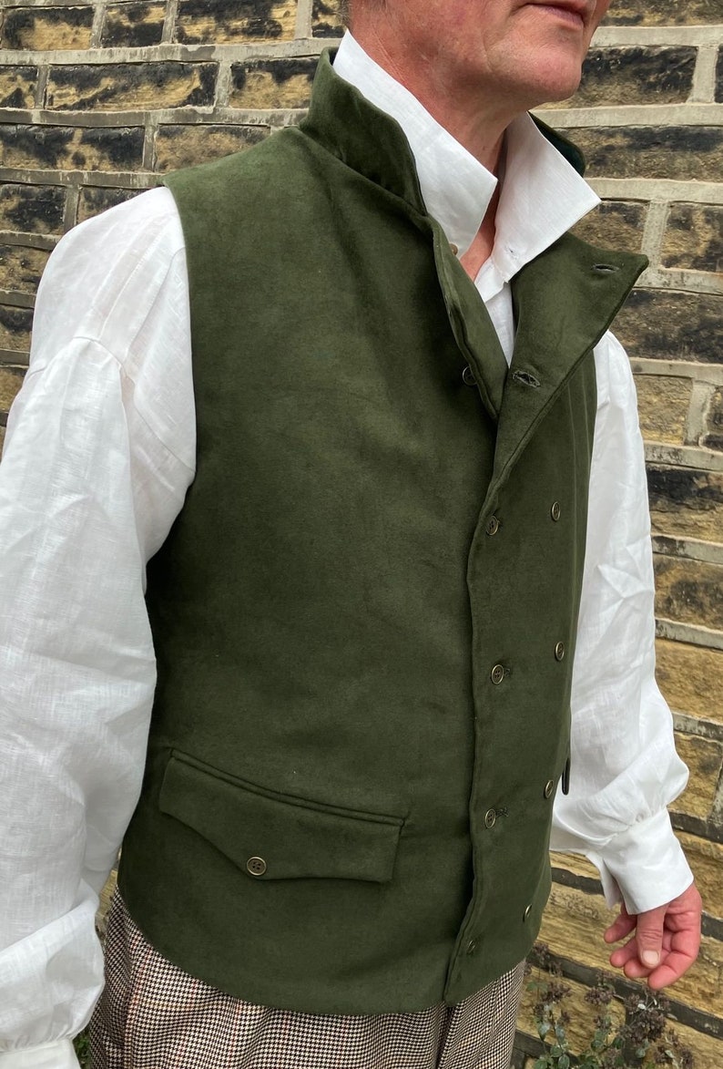 Olive green moleskin waistcoat, double breasted in Regency style, 2 flap pockets, all sizes image 5