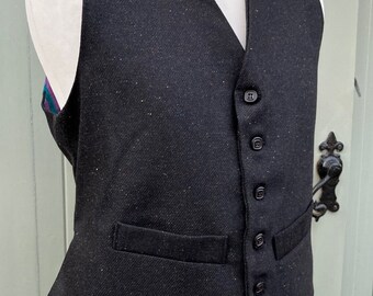 Medium only -  charcoal wool waistcoat, 2" shorter length, striped silk lining and back