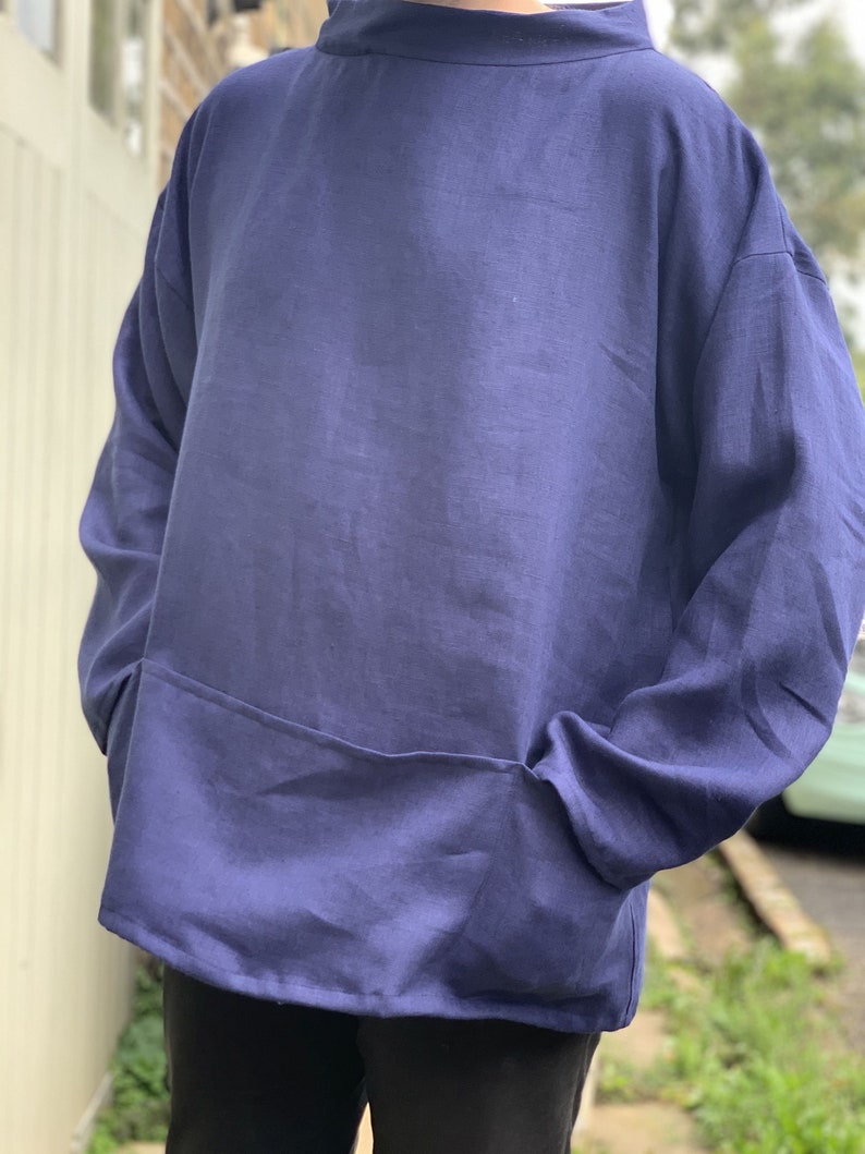 Linen smock in navy blue unisex and reversible based on Etsy