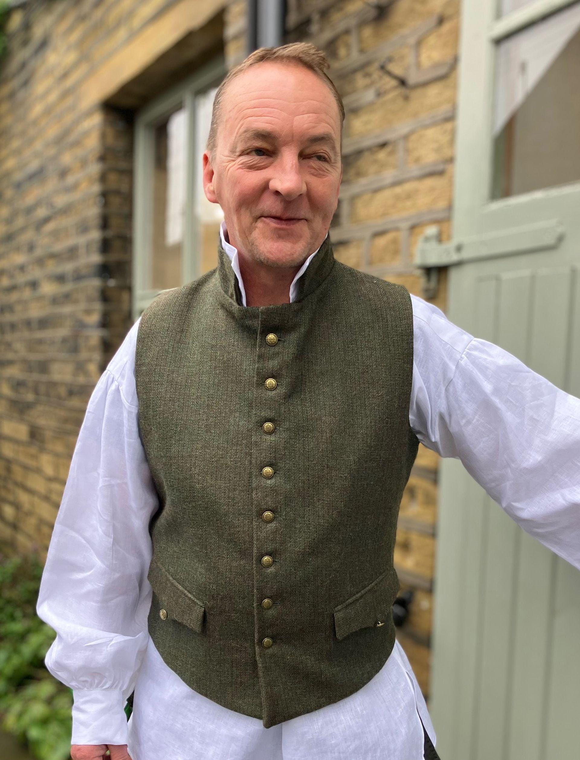 Regency style waistcoat in olive green wool, flap pockets medium only