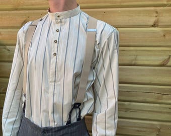 Gold cotton shirt with a dark stripe, collarless