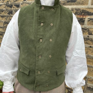 Olive green moleskin waistcoat, double breasted in Regency style, 2 flap pockets, all sizes image 6