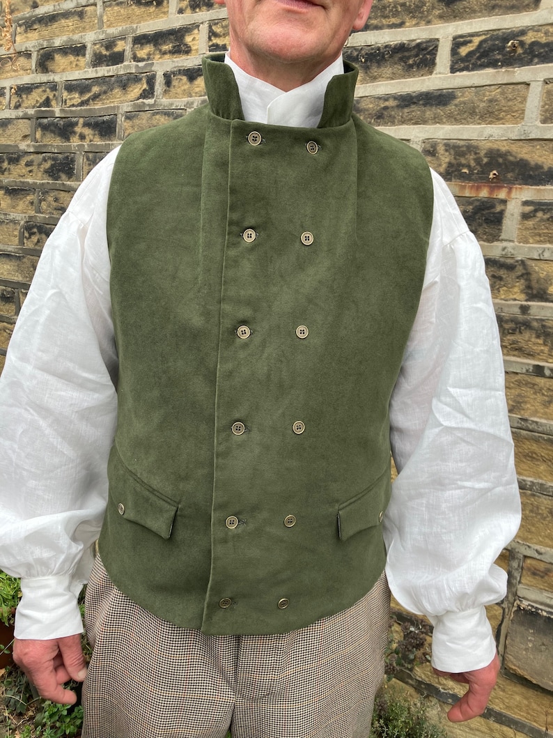 Olive green moleskin waistcoat, double breasted in Regency style, 2 flap pockets, all sizes image 6