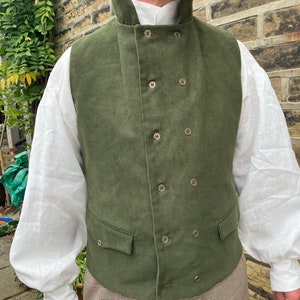 Olive green moleskin waistcoat, double breasted in Regency style, 2 flap pockets, all sizes image 7