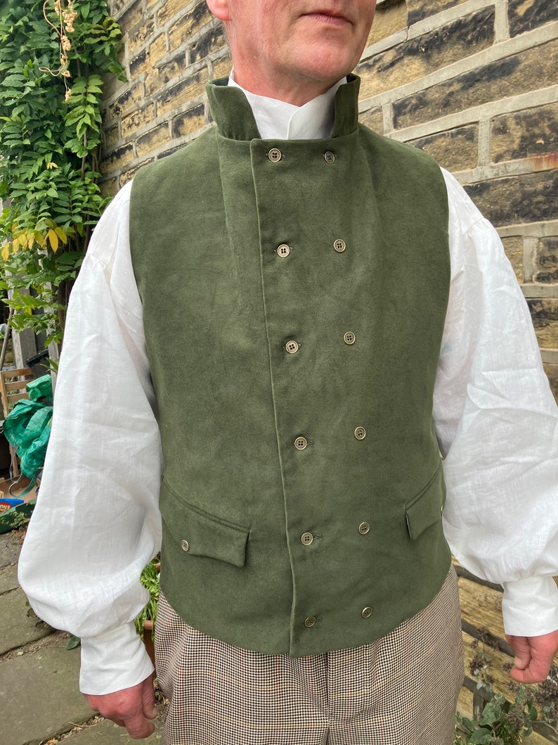 Olive green moleskin waistcoat, double breasted in Regency style, 2 flap pockets, all sizes image 7