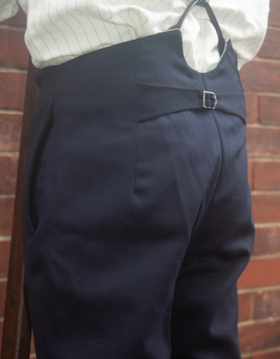 Men's High Waist Trousers in Navy Blue Wool Serge With - Etsy 大注目 Wool Serge Slacks Narrow & Jacket Check テーラードジャケット