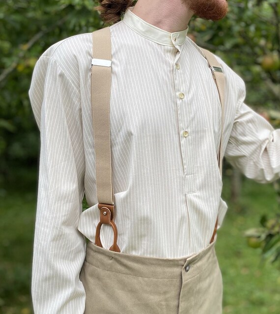 Collarless Shirt in Khaki and Cream 
