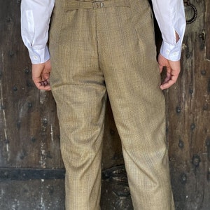 Men's high waist trousers in brown wool check with button fly and brace buttons - XXL or small only