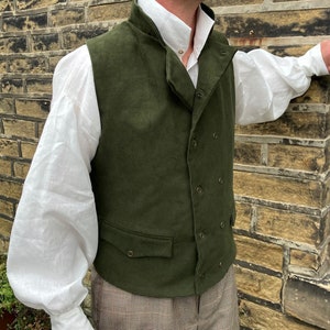 Olive green moleskin waistcoat, double breasted in Regency style, 2 flap pockets, all sizes image 1