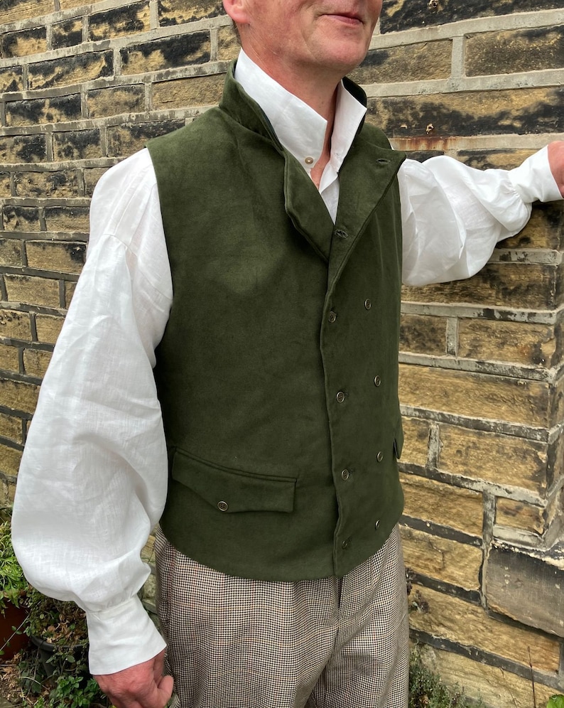 Olive green moleskin waistcoat, double breasted in Regency style, 2 flap pockets, all sizes image 1