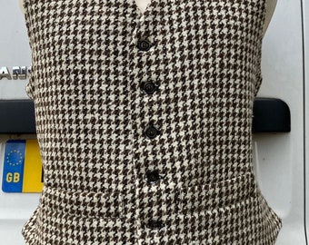 Dog tooth check waistcoat in heavy wool, vintage style, lined black linen  - medium only