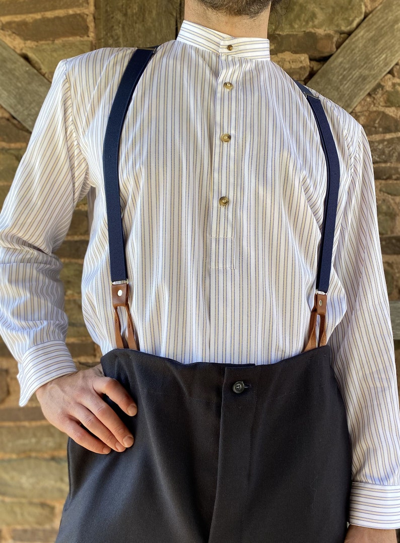 1920s Style Men’s Shirts | Peaky Blinders Shirts and Collars     Gold stripe collarless shirt in 2 fold cotton  AT vintagedancer.com