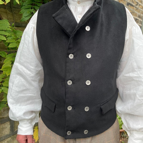 Regency style waistcoat in black moleskin, double breasted, 2 flap pockets, wine linen lining, all sizes